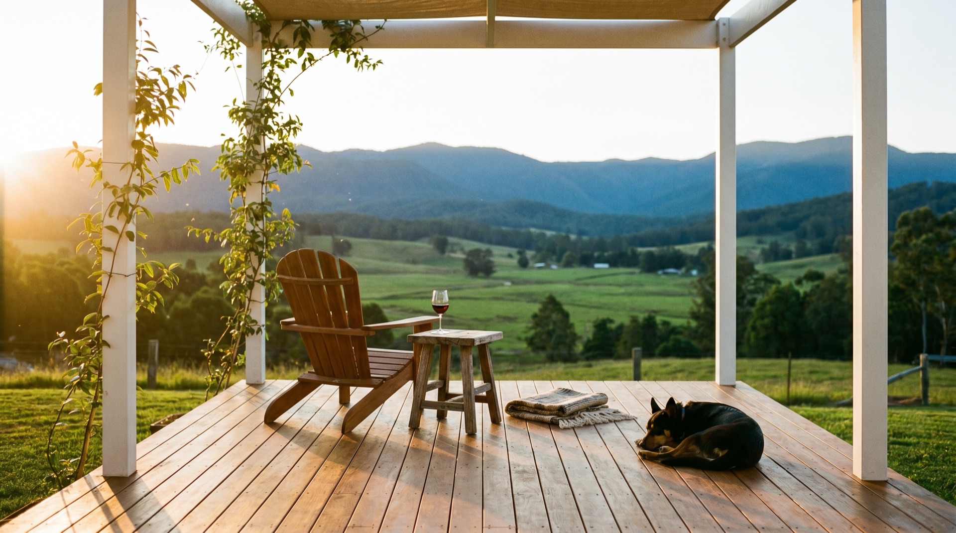 Hardwood timber deck with white pergola and coastal valley view at golden hour
