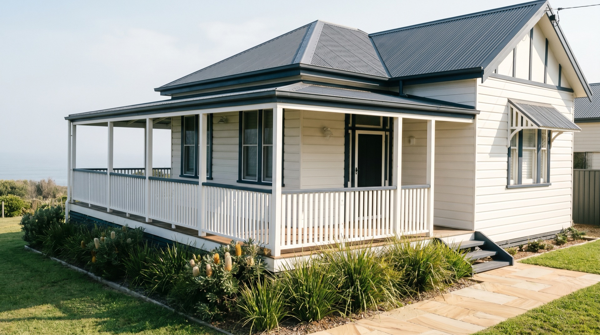 Heritage weatherboard home with deep verandah, freshly repainted in coastal whites and navy trims