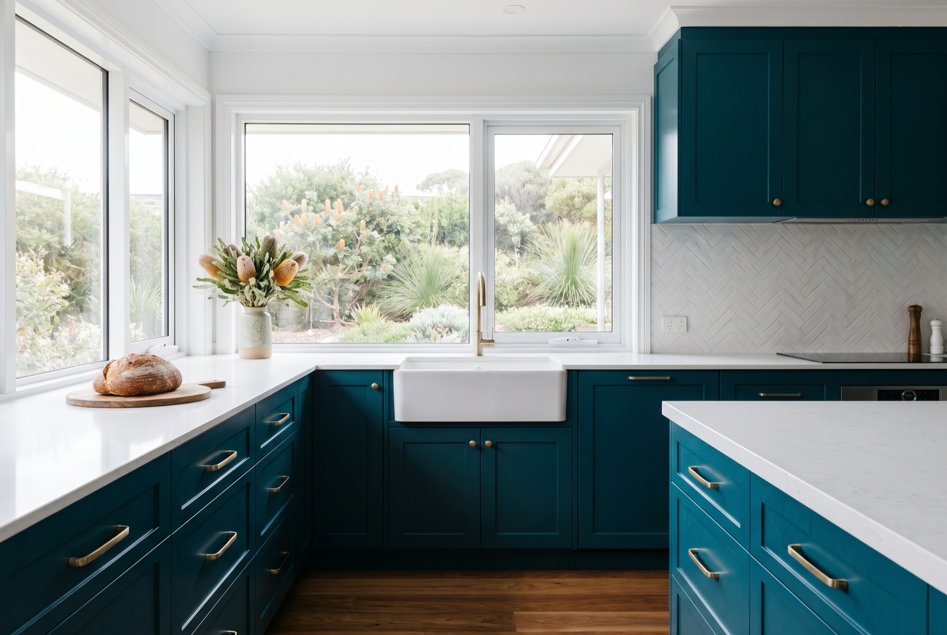 Ocean-teal shaker cabinet respray with brushed brass handles and herringbone splashback