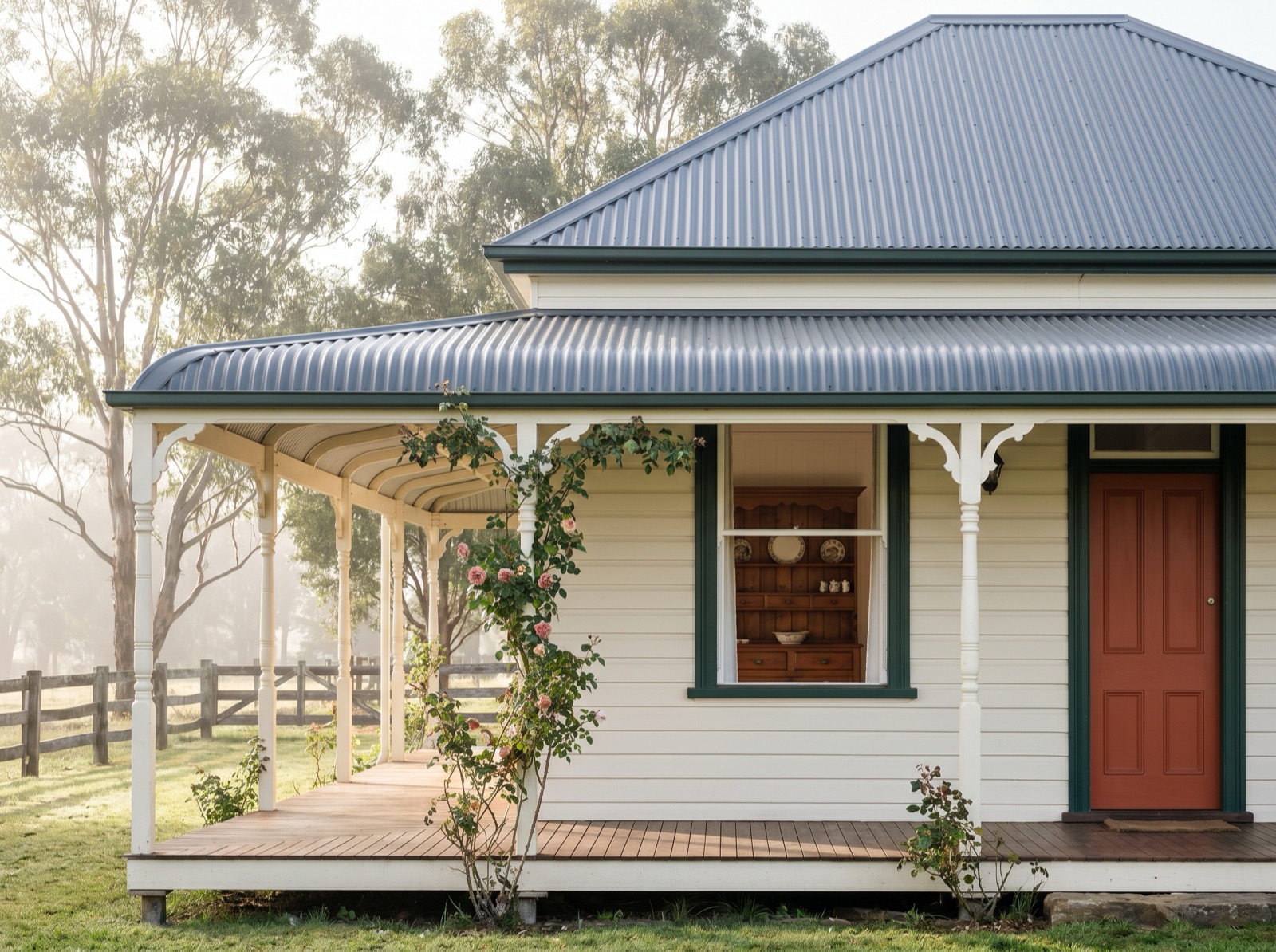 Restored late-1800s heritage farmhouse in Cobargo with cream weatherboards and heritage-green trims