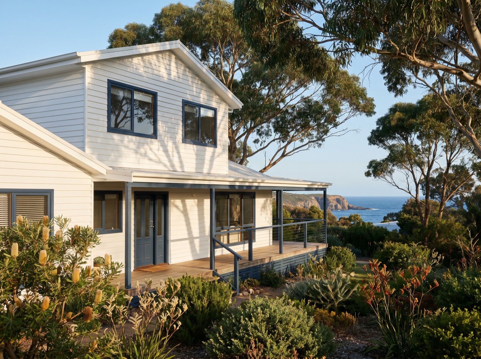 Freshly repainted weatherboard coastal home on the Sapphire Coast with crisp white trims and a deep verandah